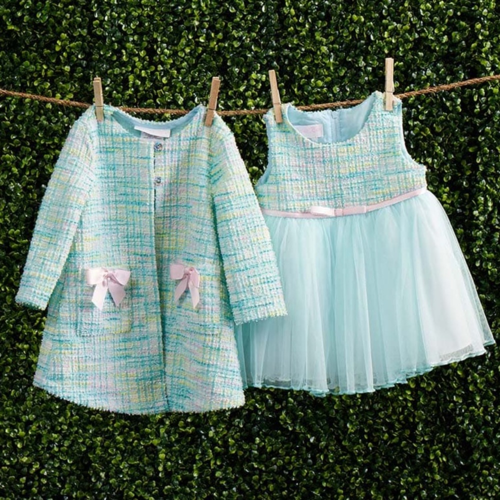 NWT!! INFANT BLUE BOUCLE COAT JACKET AND DRESS 3-6m